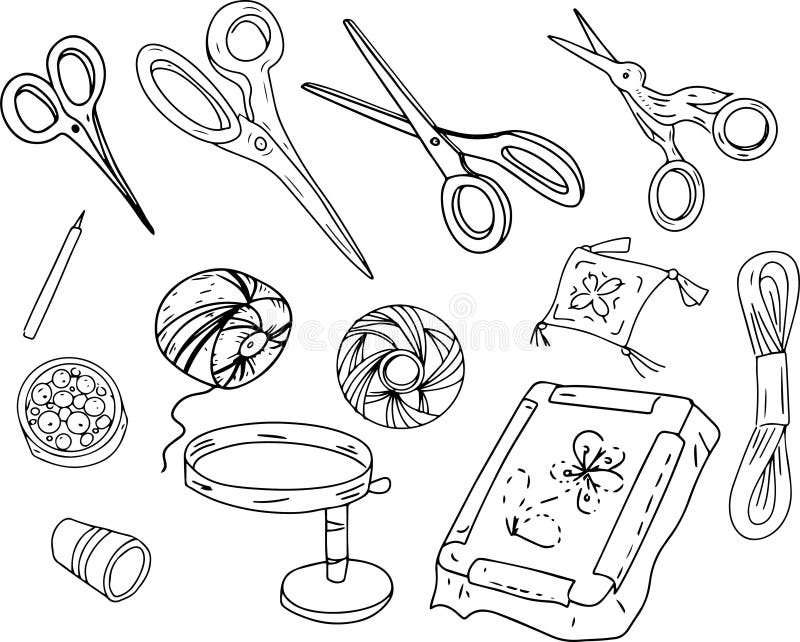 Vector Cartoon Set For Embroidery Needlework Various Embroidery Tools  Embroidery Hoop Scissors Stock Illustration - Download Image Now - iStock