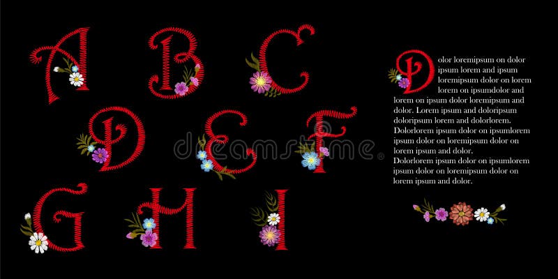 Embroidery vintage alphabet set. Initial drop cap decorative flowers. Ornate red vector illustration letters signs A B C