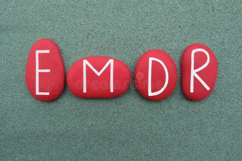 EMDR, désensibilisation de mouvement oculaire et retraitement, texte créatif composé avec les lettres en pierres colorées rouges illustration de vecteur