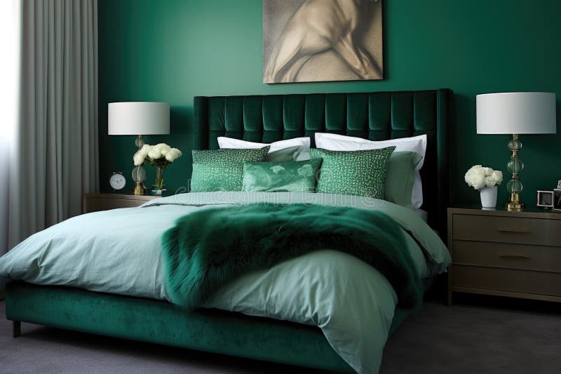Emerald Bedroom Interior with Walls, Double Bed with Pillows and
