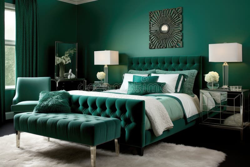 Emerald Bedroom Interior with Walls, Double Bed with Pillows and