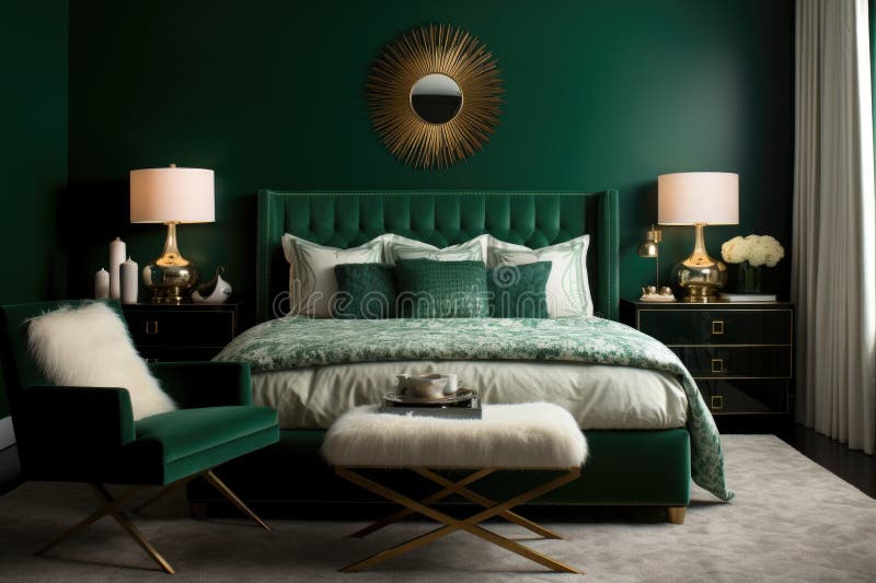 Emerald Bedroom Interior with Walls, Double Bed with Pillows and