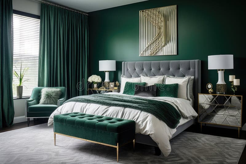Emerald Bedroom Interior with Walls, Double Bed with Pillows and
