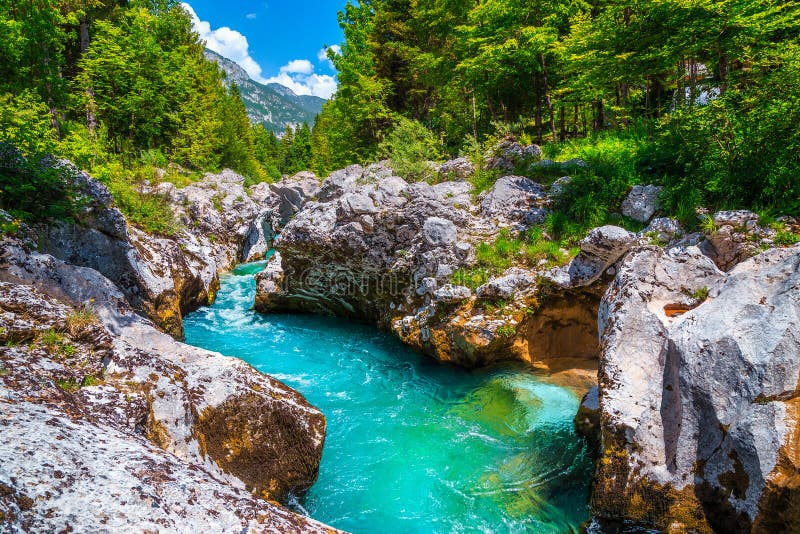 Emerald color Soca river with rocky canyon near Bovec, Slovenia stock image Emerald color Soca river with rocky canyon near Bovec, Slovenia stock image