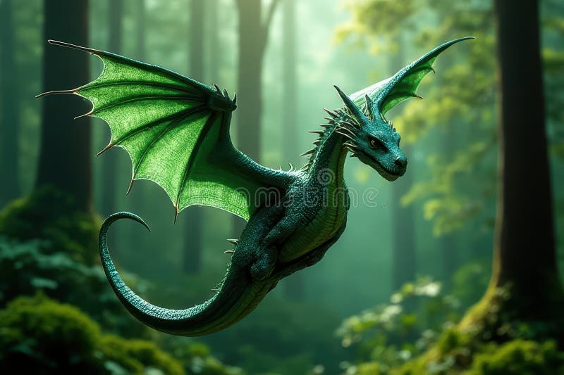 Emerald Dragons FLYGNING GENOM Vibrant Forest Canopy vektor illustrationer