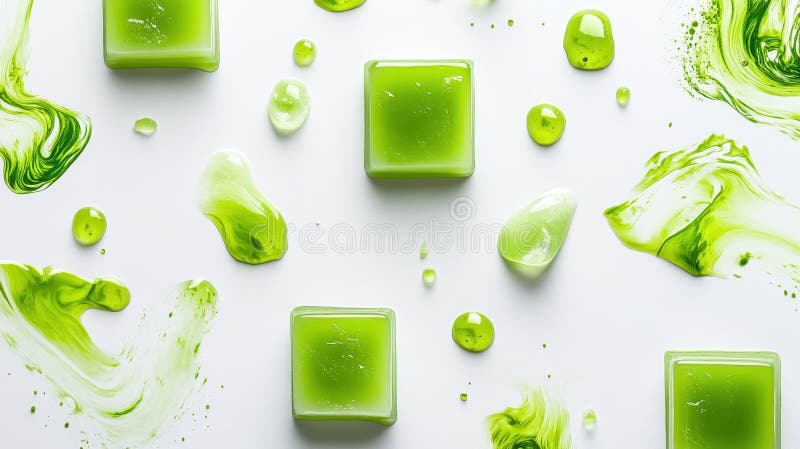 Emerald Elixir Abstract Array of Vibrant Green Spheres and Cubes on a Pristine White Surface stock abbildung