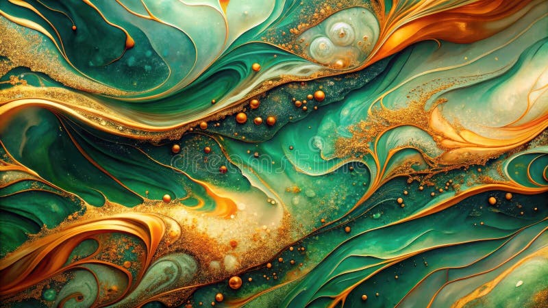 Emerald and gold liquid art swirling abstract texture with metallic accents and shimmering particles. Generative AI vector illustration