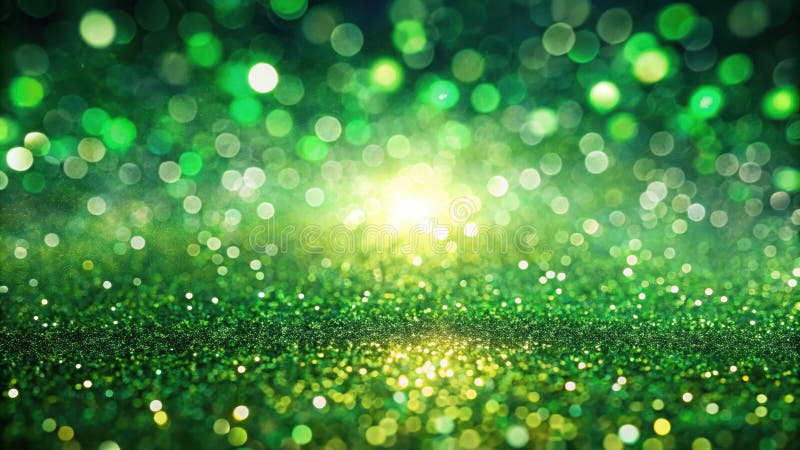 Emerald green glitter background with sparkling lights and bokeh. Generative AI stock illustration