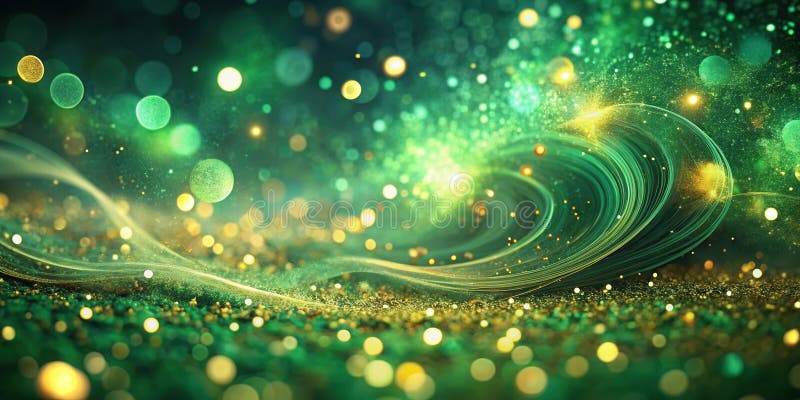 Emerald green glitter swirl with golden lights and sparkling dust. Generative AI stock illustration
