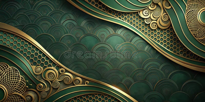 Emerald green and gold abstract design featuring intricate geometric patterns and swirls. Generative AI stock illustration