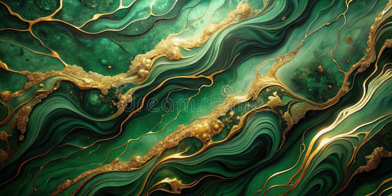 Emerald green and gold abstract swirling marble texture a luxurious and elegant background image for design projects. Generative royalty free illustration