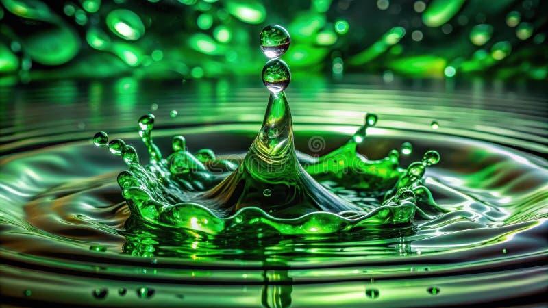 Emerald green liquid impact a stunning high-resolution close-up of a double droplet splash. Generative AI royalty free illustration