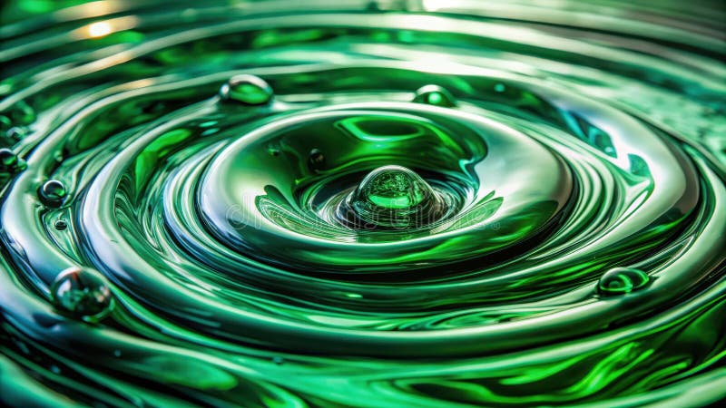Emerald liquid\'s concentric rings and vibrant droplets a study in fluid dynamics. Generative AI royalty free illustration