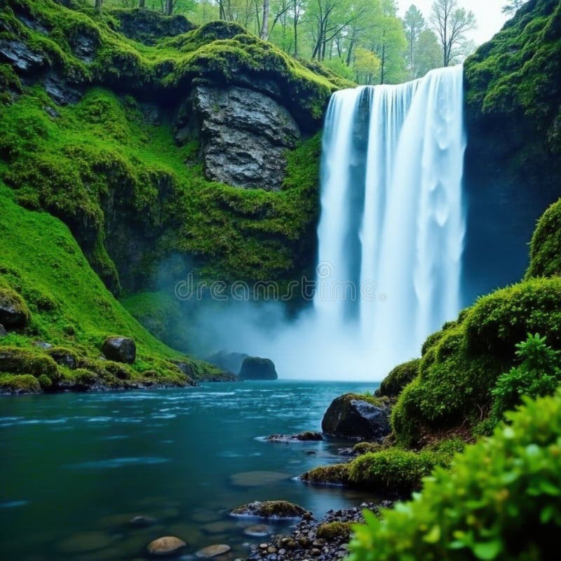 Emerald moss blankets rocks near powerful waterfall, foliage, landscape vector illustration