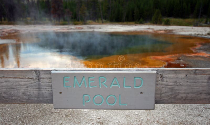 Emerald Pool hot spring sign in the Black Sand Geyser Basin in Yellowstone National Park in Wyoming USA