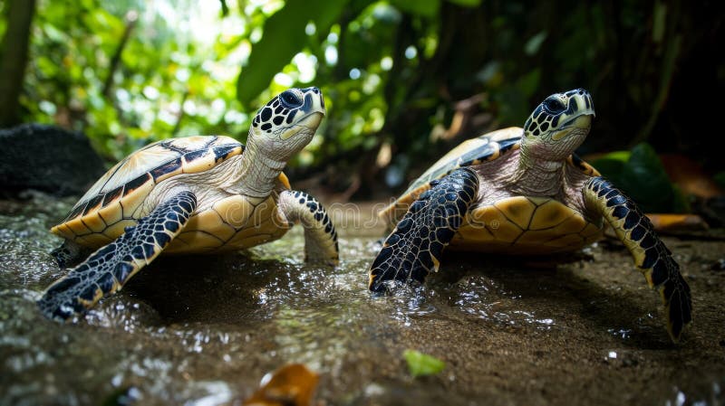 Emerald Stream Explorers Turtles Naviggate a Lush Rainforest Paradise royaltyfri illustrationer