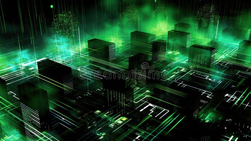 Emerald techscape : en dynamisk kombination av teknik och natur royaltyfri illustrationer