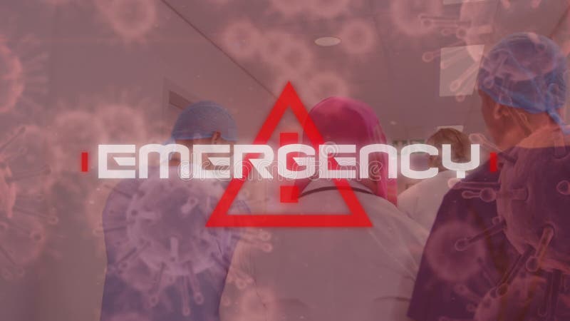 Emergencia verbal escrita sobre el triángulo rojo y el covid19 extendiéndose sobre los científicos usando máscaras faciales