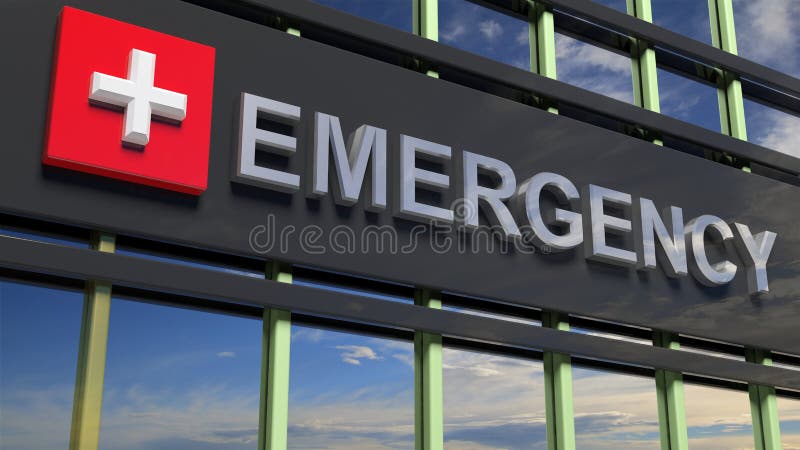Emergency department building sign closeup, with sky