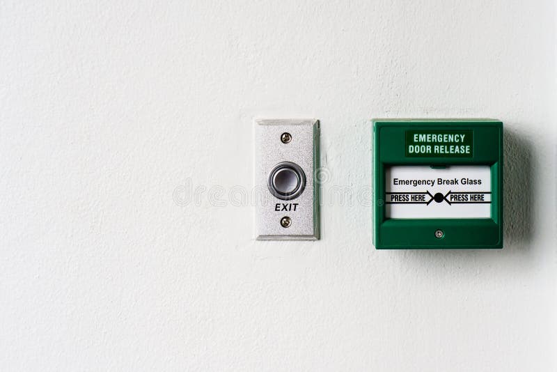 green emergency exit button to open door press here Stock Photo - Alamy