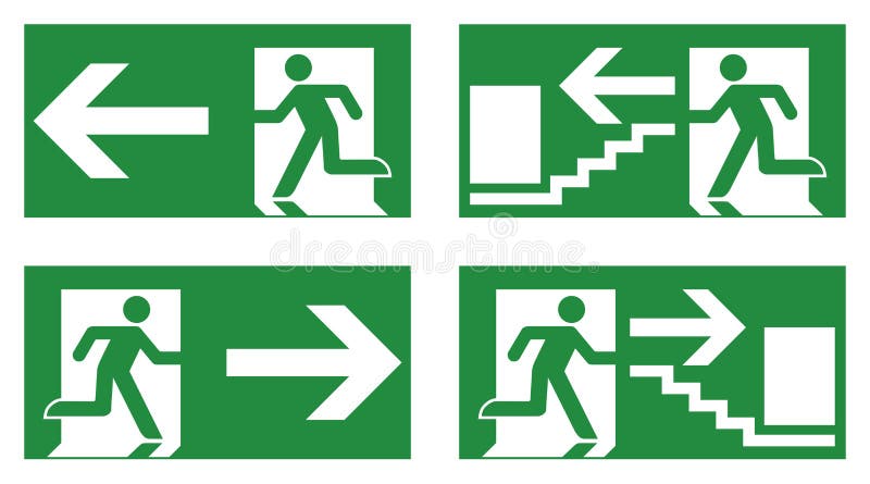 Emergency exit safety sign. White running man icon on green back vector illustration