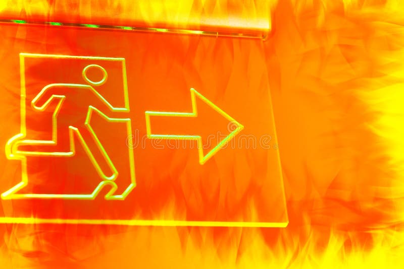 Emergency Exit Sign with Hot Fire Color Tone Effect. Stock Photo