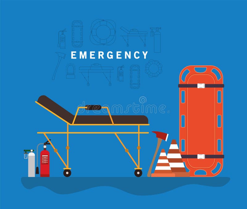 Emergency stretcher cones and oxygen cylinders vector design stock illustration