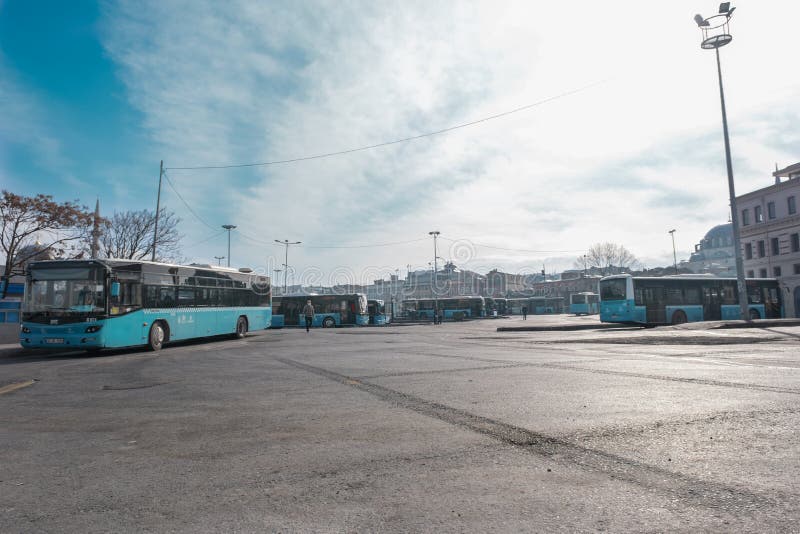 Some parked buses in bus garage and waiting for departure time to move. Some parked buses in bus garage and waiting for departure time to move