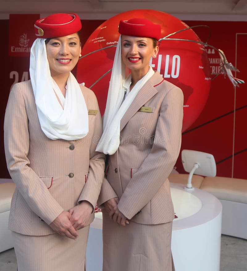 Emirates Airlines Flight Attendants at the Emirates Airlines Booth Editorial Stock Photo Image