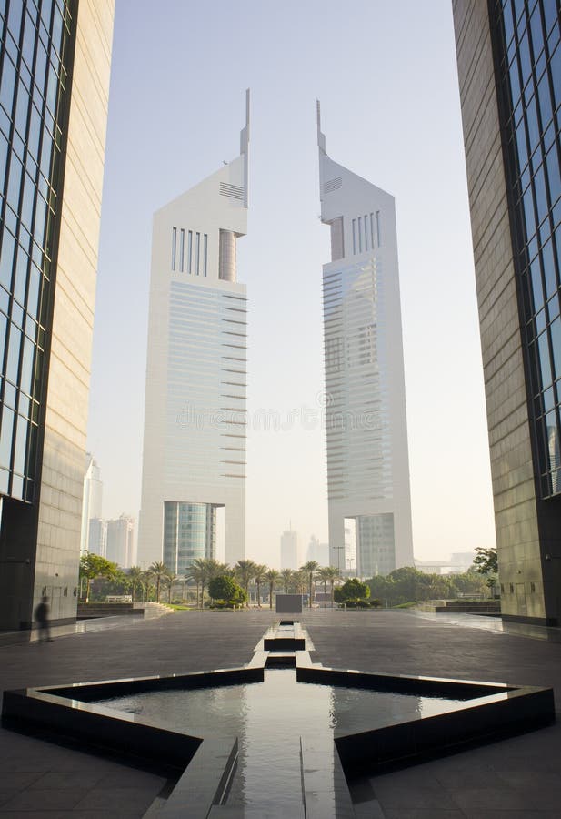 Looking at Emirates Towers from inside International Financial Center, Dubai