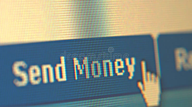 Close-up shot of monitor surface with hand cursor over Send Money button. Close-up shot of monitor surface with hand cursor over Send Money button.