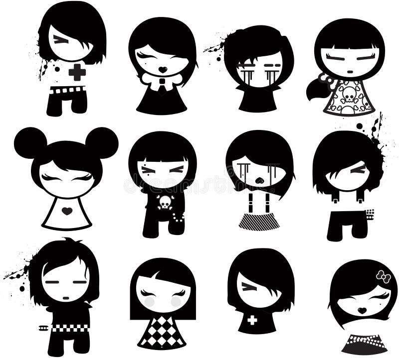 Several emo cartoon characters illustrations of boys and girls vector illus...