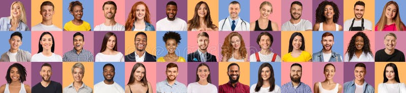 Emociones positivas. grupo de personas alegres y multiculturales de foto collage fotografía de archivo