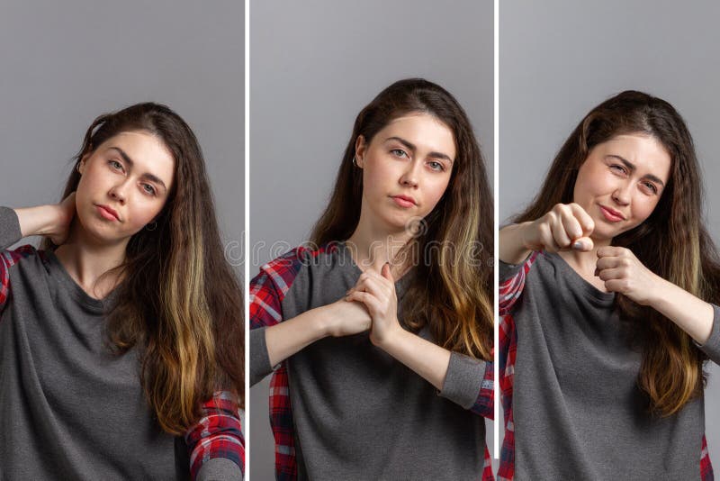 Emociones Una serie de fotos donde una joven con un rostro disgustado demuestra agresivamente la agresión Collage