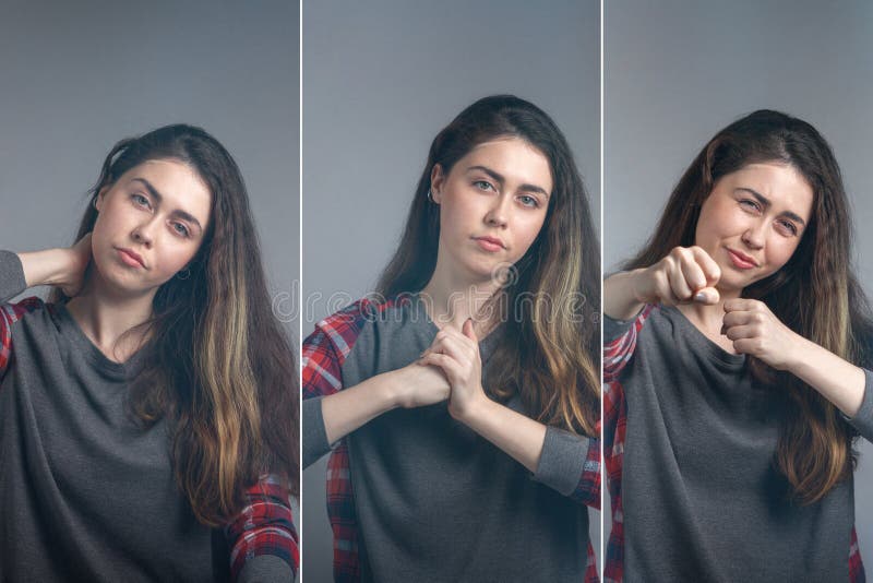 Emociones. Una serie de fotos donde una joven con un rostro disgustado demuestra agresivamente la agresión. Collage. Testigo imágenes de archivo libres de regalías Emociones. Una serie de fotos donde una joven con un rostro disgustado demuestra agresivamente la agresión. Collage. Testigo imágenes de archivo libres de regalías