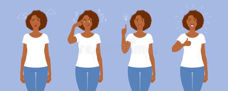 parade lawyer policy Emociones. Una Serie De Poses Con Jóvenes Mujeres Negras Adultas En Ropa  Casual Con Pelo En Estilo Afro Ilustración del Vector - Ilustración de ropa,  hembra: 216885503