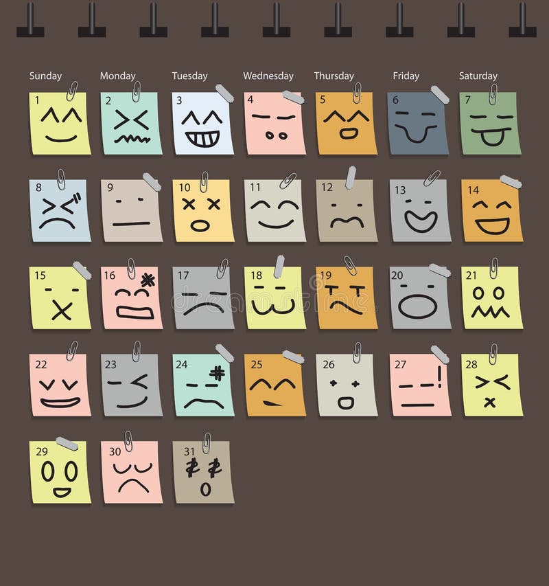 Emoción del calendario del vector con el papel de nota stock de ilustración Emoción del calendario del vector con el papel de nota stock de ilustración
