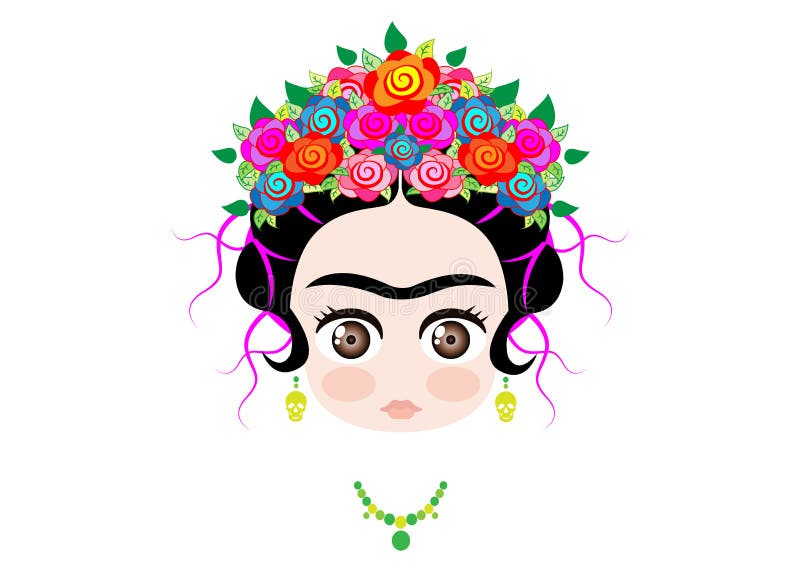 Emoji Baby Frida Kahlo with Crown of Colorful Flowers, Isolated Stock ...