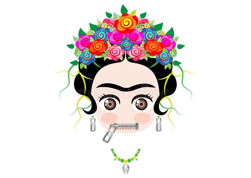 Emoji baby Frida Kahlo with crown and of colorful flowers, Zipper Mouth Face Emoji, vector isolated vector illustration Emoji baby Frida Kahlo with crown and of colorful flowers, Zipper Mouth Face Emoji, vector isolated vector illustration