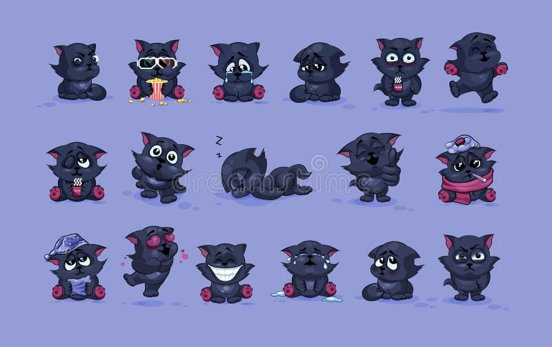 Set Vector Stock Illustrations Emoji character cartoon black cat stickers emoticons with different emotions for site, infographics, video, animation, websites, e-mails, newsletters, reports, comics