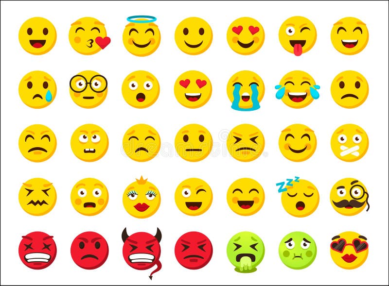  Emoji De Dibujos Animados El Amarillo Y El Rojo Malvado Redondo Sonrisa, Divertido Y Triste Clipart De La Emoción Facial Etiqueta Ilustración del Vector