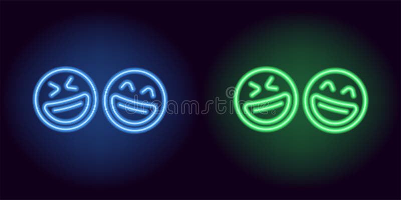 Blue and green neon laughing emoji, fool day. Vector silhouette of neon pair emoji with smile consisting of outlines, with backlight on the dark background. Blue and green neon laughing emoji, fool day. Vector silhouette of neon pair emoji with smile consisting of outlines, with backlight on the dark background