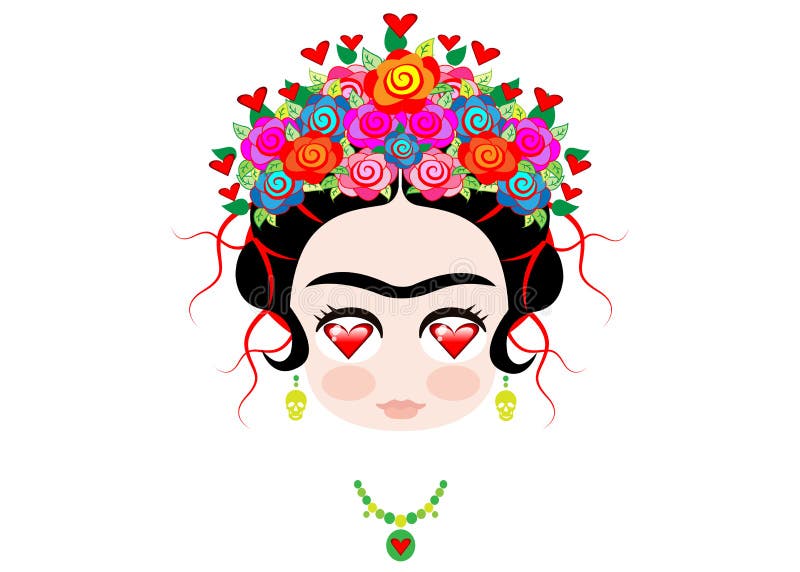 Emoji dziecka Frida Kahlo miłość z koroną kolorowi kwiaty i, odosobniony royalty ilustracja Emoji dziecka Frida Kahlo miłość z koroną kolorowi kwiaty i, odosobniony royalty ilustracja
