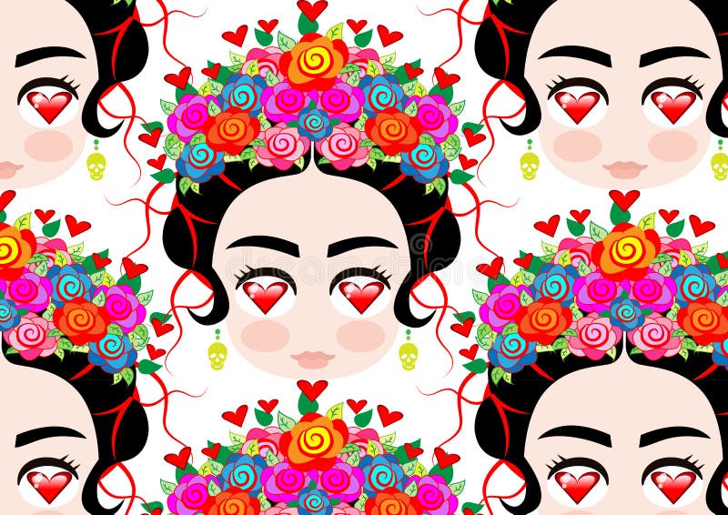 Emoji dziecka Meksykańska kobieta z koroną kolorowi kwiaty, typowa Meksykańska fryzura, mała dziewczynka z oczami serce royalty ilustracja Emoji dziecka Meksykańska kobieta z koroną kolorowi kwiaty, typowa Meksykańska fryzura, mała dziewczynka z oczami serce royalty ilustracja
