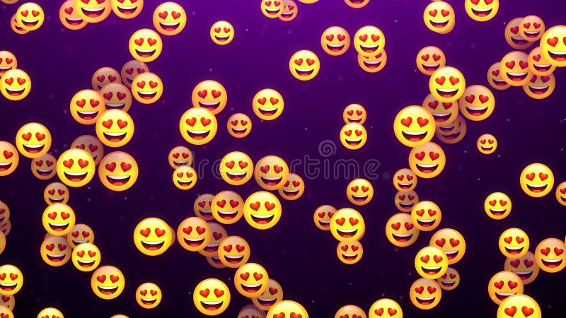 Abstract Love With Emoji Heart Eye Smiley Emoticon Balls And Glitter Dust Flying Up On Dark Purple Background. Abstract Love With Emoji Heart Eye Smiley Emoticon Balls And Glitter Dust Flying Up On Dark Purple Background