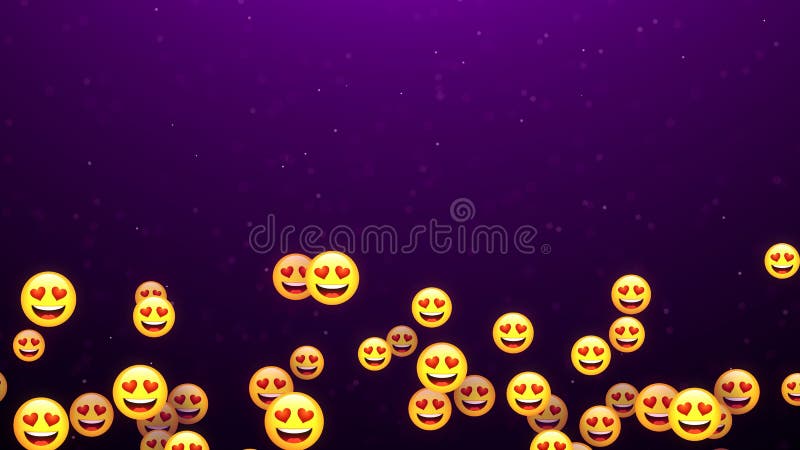 Abstract Love With Emoji Heart Eye Smiley Emoticon Balls And Glitter Dust Bottom Side Flying Up On Dark Purple Background. Abstract Love With Emoji Heart Eye Smiley Emoticon Balls And Glitter Dust Bottom Side Flying Up On Dark Purple Background