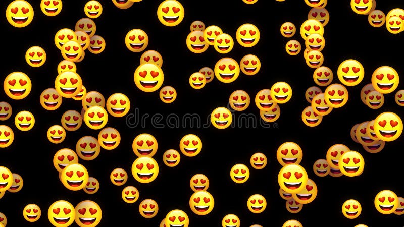 Abstract Love With Emoji Heart Eye Smiley Emoticon Balls Flying Up Isolated Black Background. Abstract Love With Emoji Heart Eye Smiley Emoticon Balls Flying Up Isolated Black Background