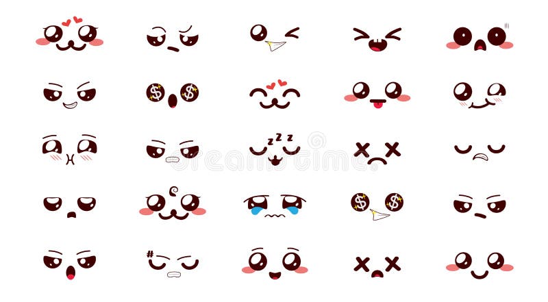Emoji Kawaii Emoticon Vector Set. Chibi Smileys Character in Cute Faces  Reaction Collection of Happy, Smiling, Sad and Angry. Stock Vector -  Illustration of chibis, face: 232863262