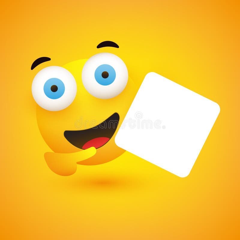 Emoji souriant avec de grands yeux ouverts tenant et pointant vers une grande carte blanche carrée blanche inscription. Emoji souriant avec de grands yeux ouverts tenant et pointant vers une grande carte blanche carrée en blanc modèle d'inscription carte émoticon avec copyspace espace espace place pour votre texte pour le web et la publicité