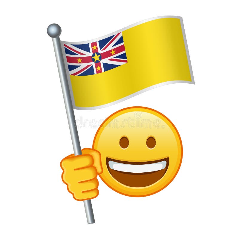 Emoji με σημαία νιού μεγάλου μεγέθους κίτρινο χαμόγελο emoji. Emoji με σημαία νιου απομονωμένη σε λευκό φόντο. μεγάλο μέγεθος κίτρινο χαμόγελο emoji